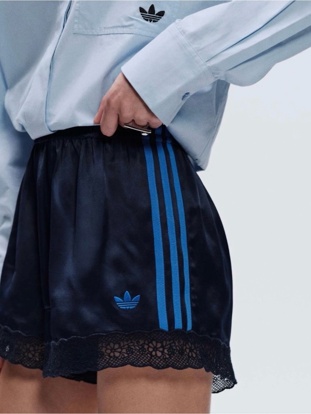 Adidas Navy Blue Satin Athletic Shorts with Lace Trim; Size:M
